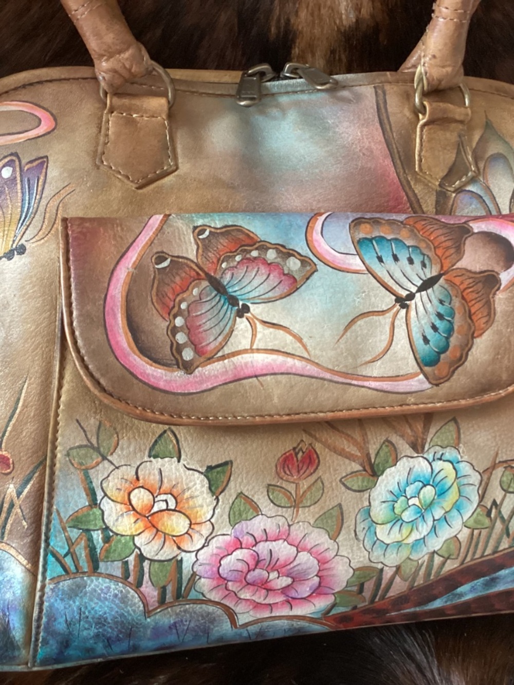 Beautiful Anuschka Butterfly Flower Design Leather Top Handle Carry Handbag🦋🦋 - Picture 5 of 13